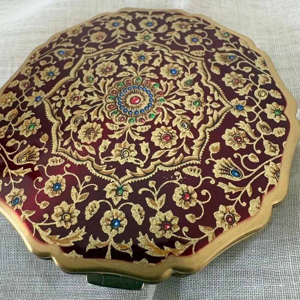 Vintage Stratton Powder Compact Mirror, Made In England, Ornate Maroon Enamel